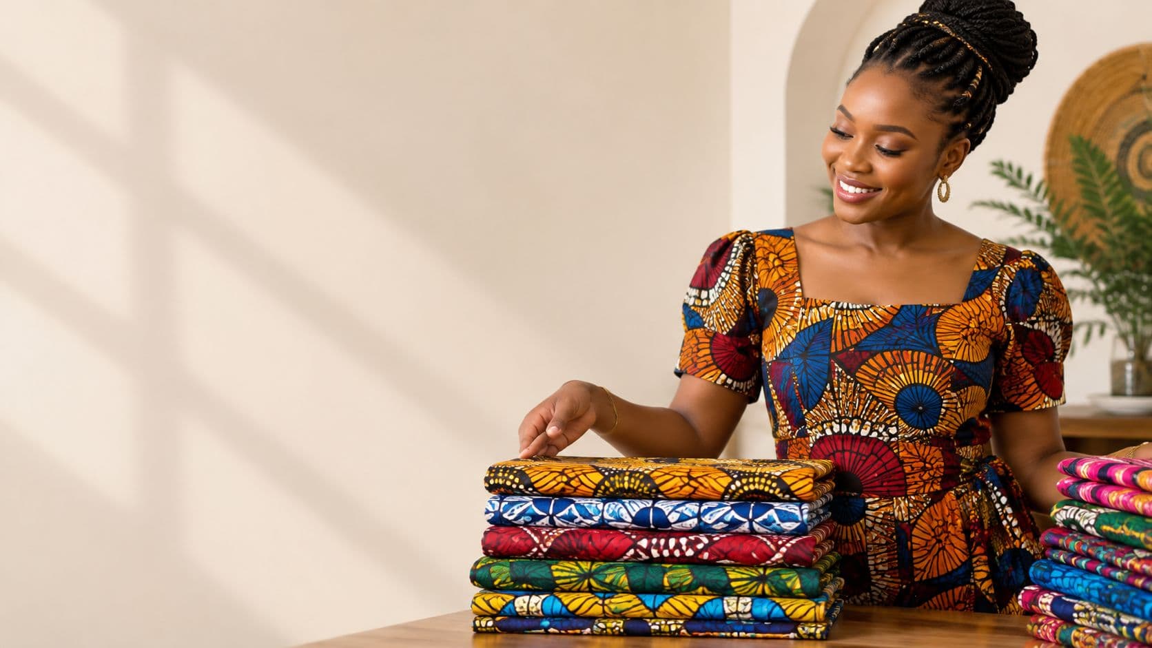 Woman in an Ankara dress arranging folded wax-print fabrics
